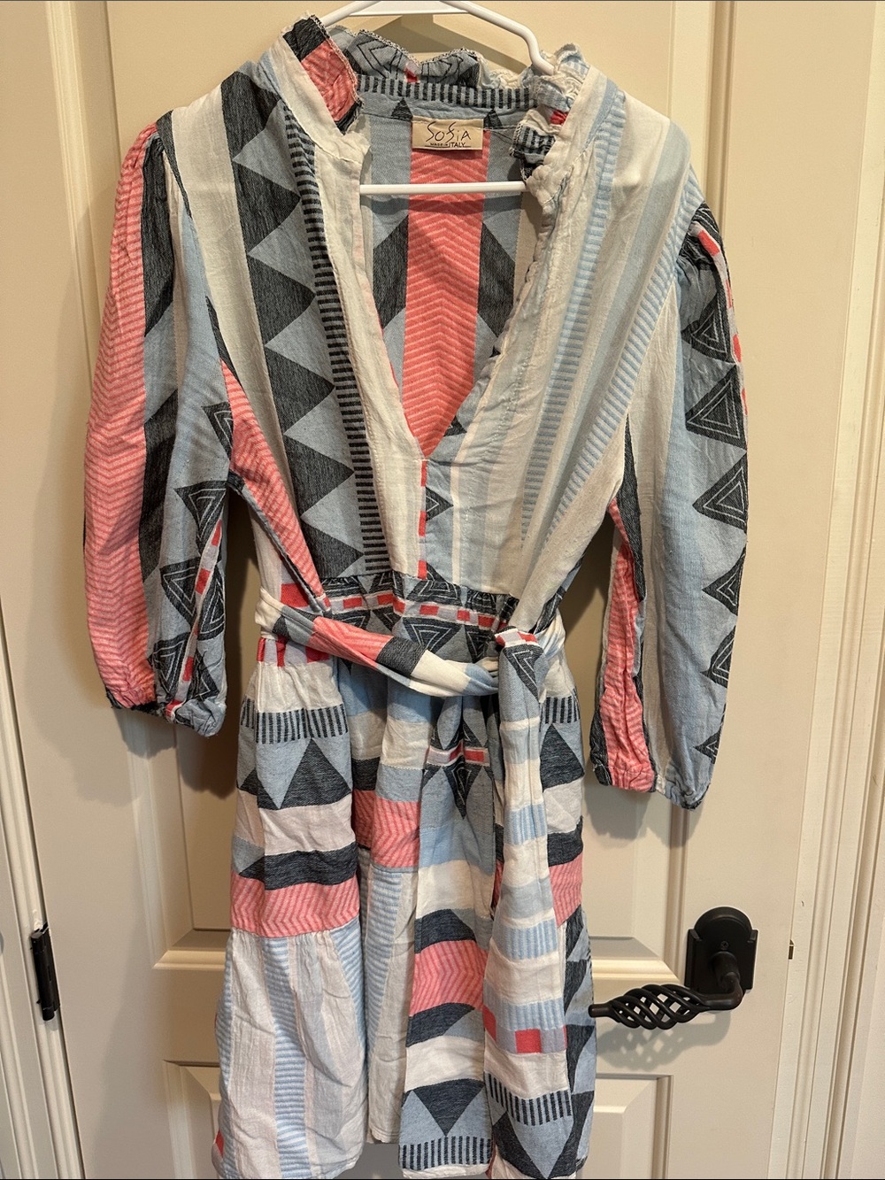 Sofia Pink and Light Blue Geometric Long-Sleeve Belted Dress